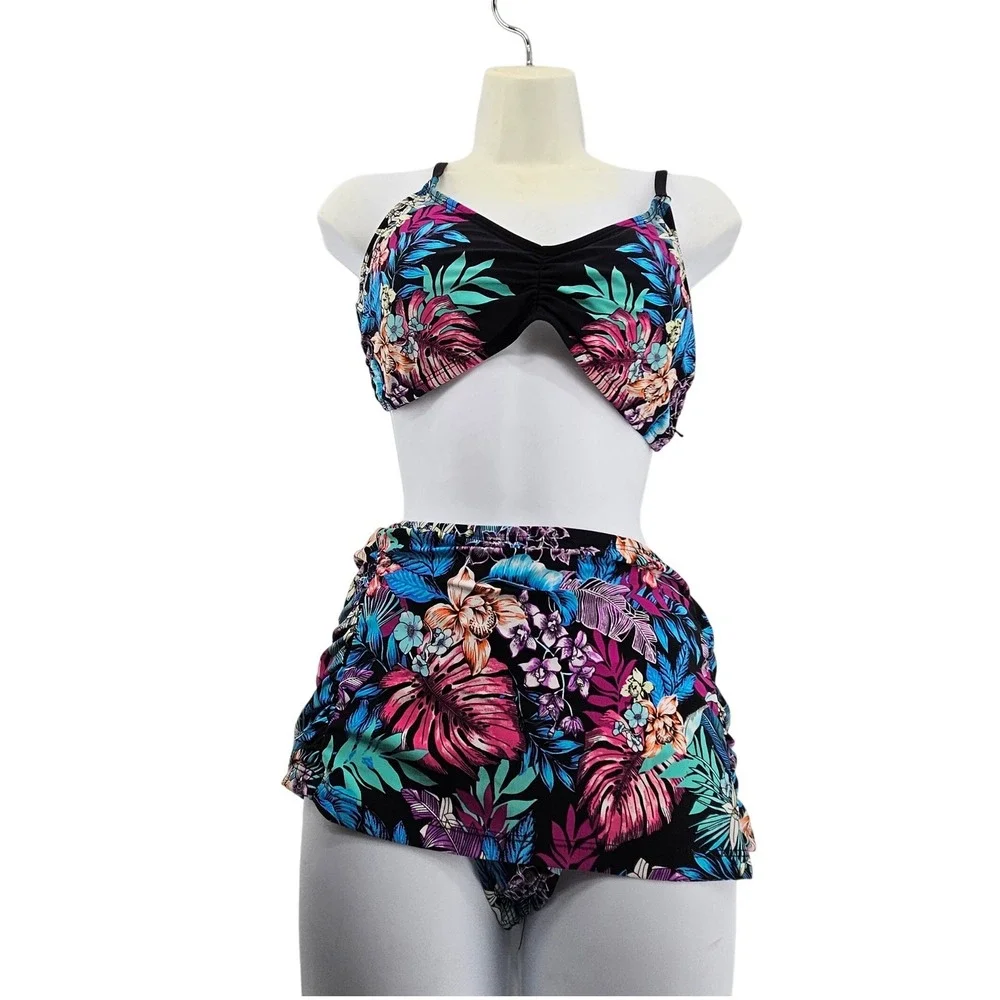 Kenneth‎ Cole Tropical Floral Skirted Bikini Two Piece Swimsuit Vacation Large